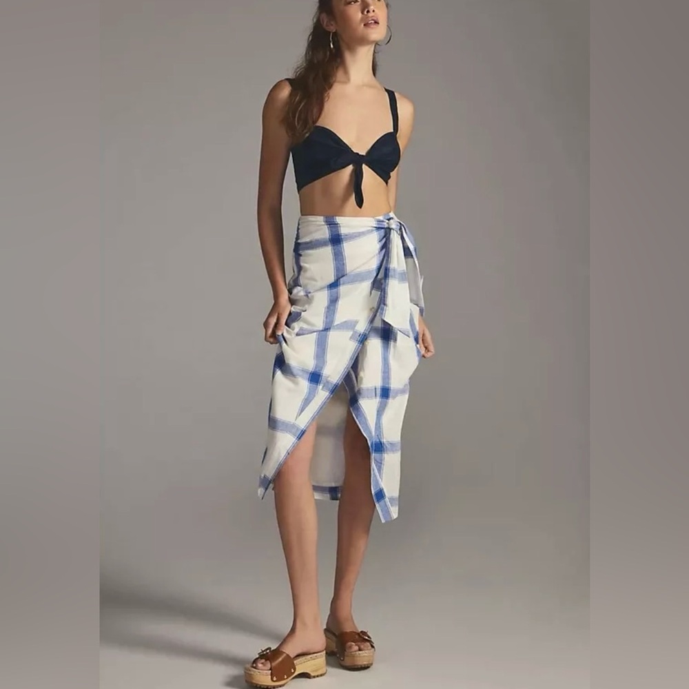 Maeve plaid wrap linen skirt Anthropologie asymmetric button, pockets 12 - Picture 3 of 5